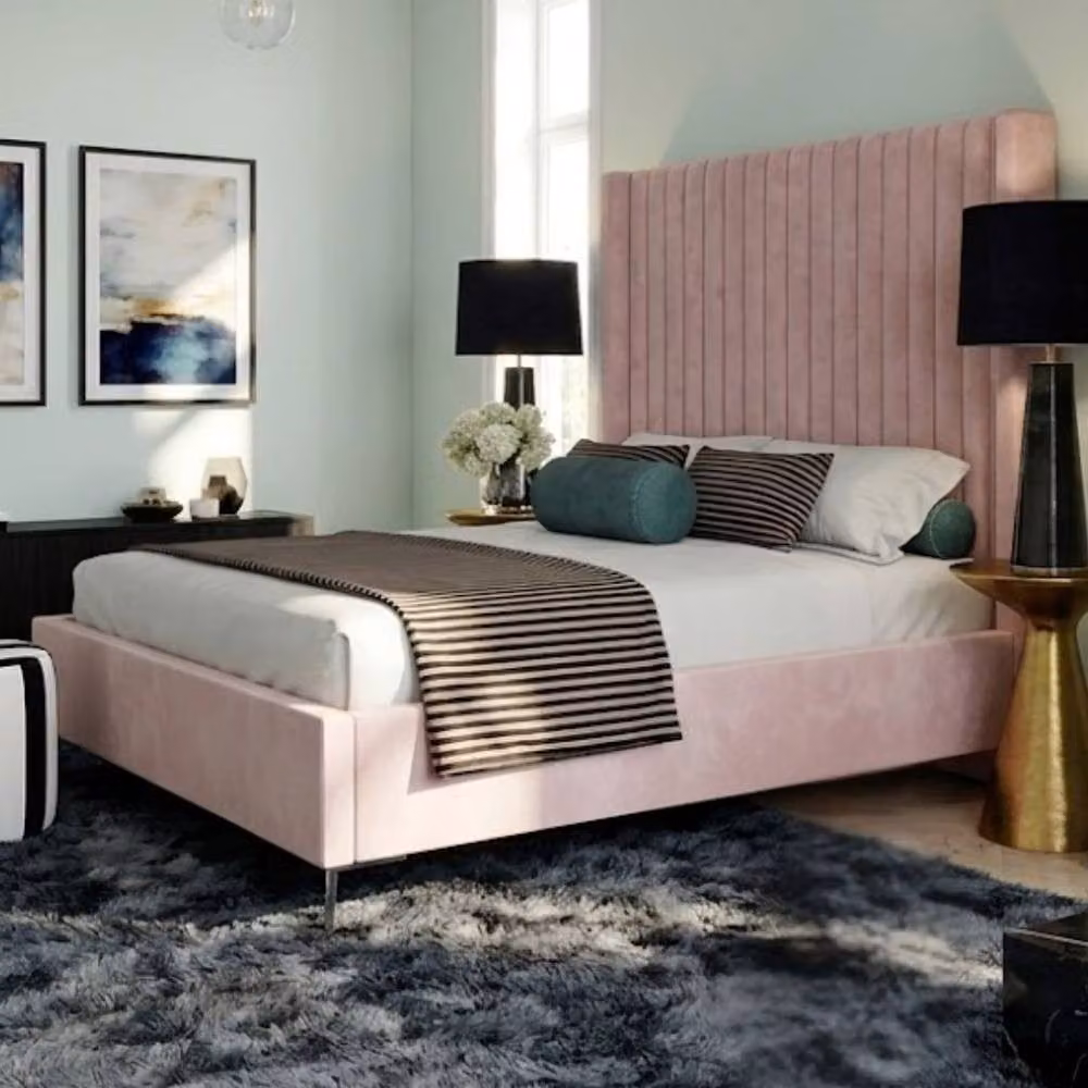Stratus Interiors Romana Contemporary Paneled Bed Frame in Light Pink, Super King, Upholstered Velvet – 2