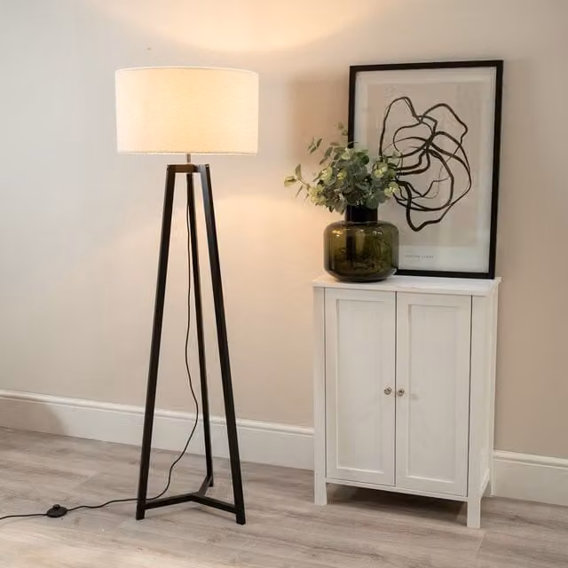 ValueLights Lottie Black Wood Tripod Floor Lamp with Beige Fabric Cylinder Shade