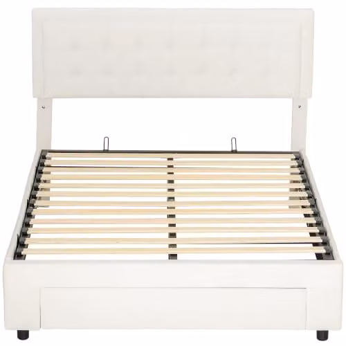 HOMCOM Upholstered Double Ottoman Bed with Lift-Up Storage in White and Beige, W: 140 cm x D: 190 cm – 1