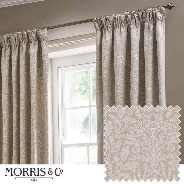Morris & Co Acorn Tonal Matt Jacquard Pencil Pleat Curtains in Beige, Width: 117 cm, Drop: 183 cm – 1