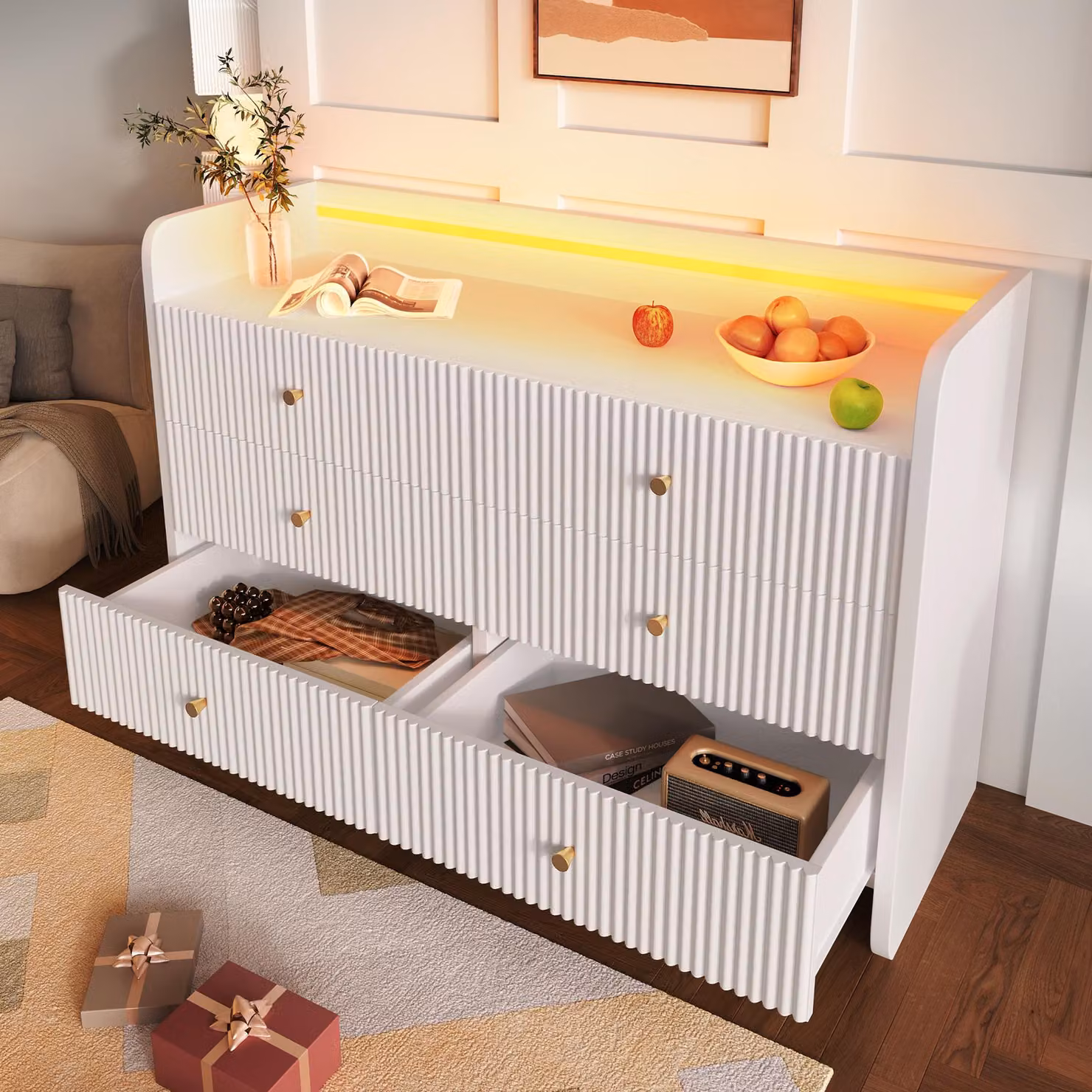 Aosom 6-Drawer Fluted Sideboard with RGB LED Lighting in White, W: 120 cm, D: 40 cm, H: 75 cm – 4