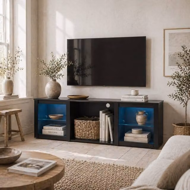 Wyld Haus Filu Black Modern TV Stand with LED Lighting and Storage for up to 65 inch TVs, Width: 160 cm