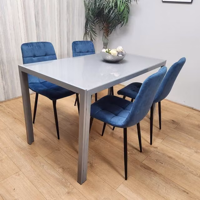 Kosy Koala Modern Rectangular Glass Dining Table with 4 Blue Chairs and Grey Accents