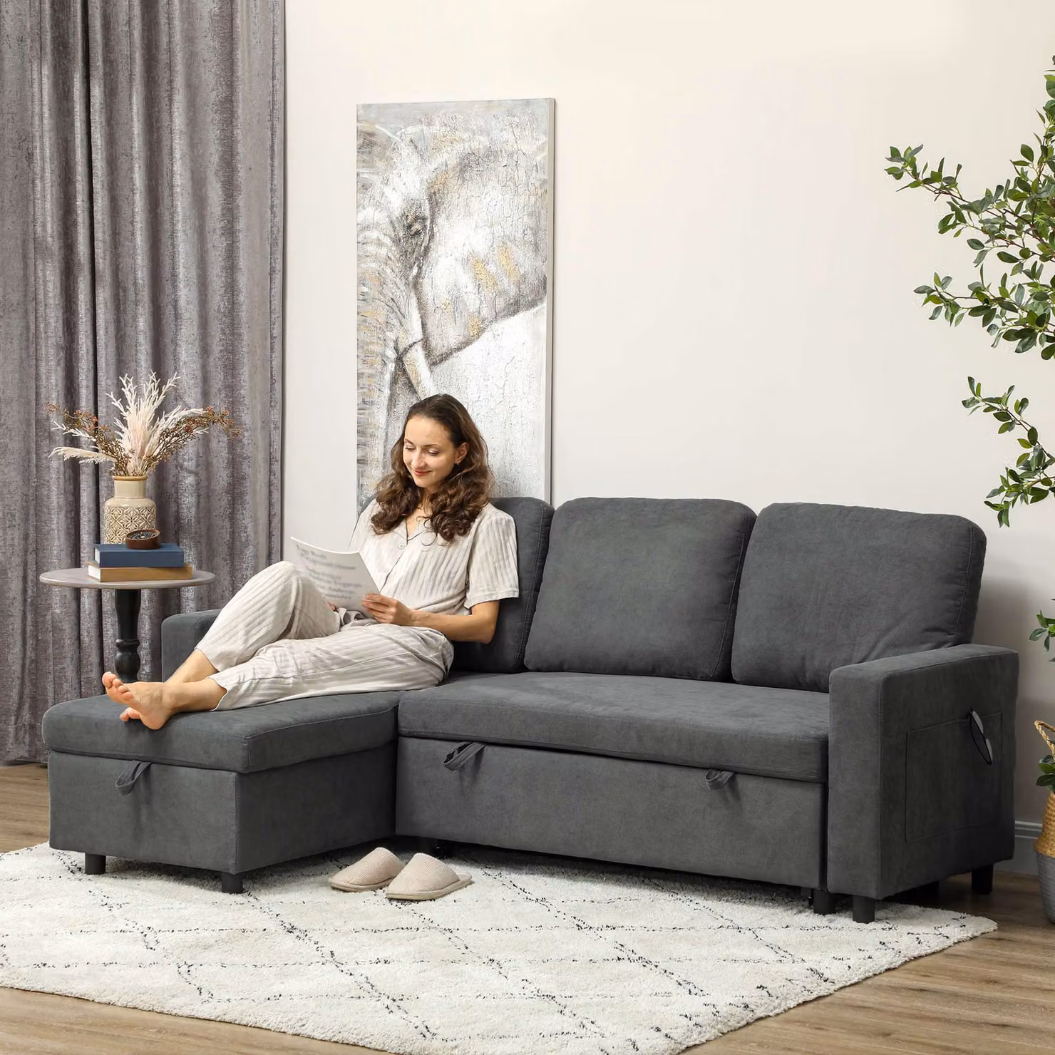 HOMCOM 3 Seater Pull Out Sofa Bed with Reversible Chaise, Storage and Side Pockets, Charcoal Grey Linen-look Upholstery – 8