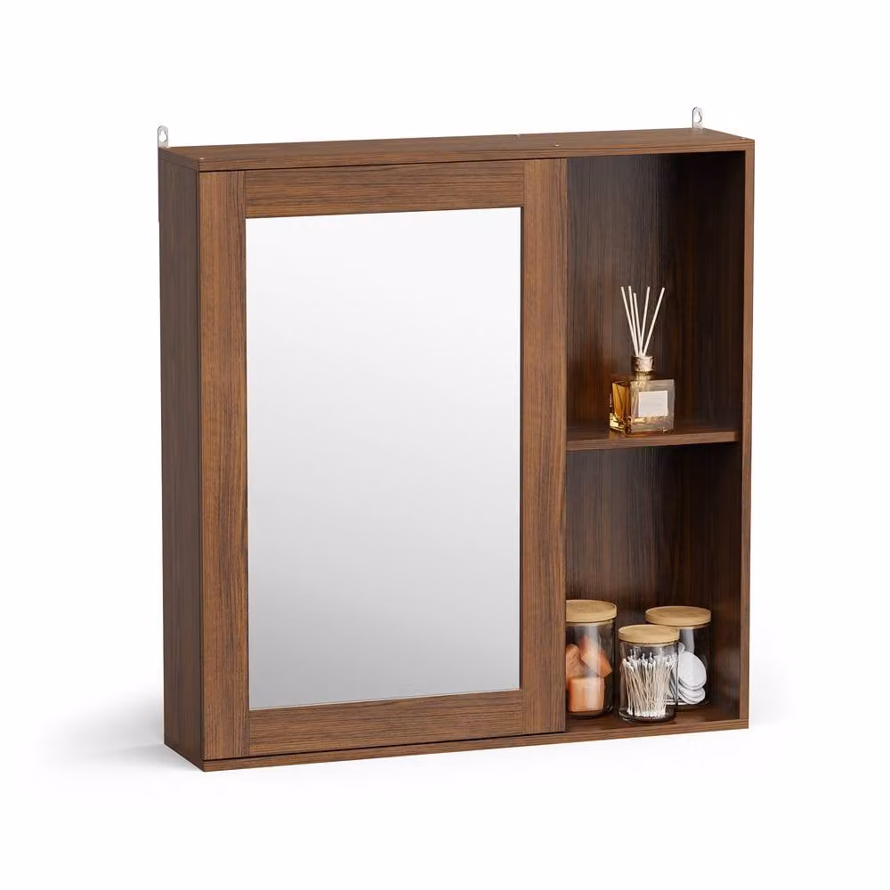 VonHaus Chester Wall Mounted Bathroom Mirror Cabinet in Dark Brown with Hinged Doors and Internal Shelves – 2