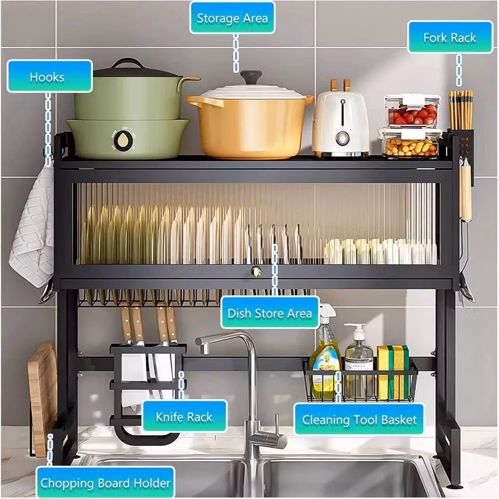 KORVIXA Multifunctional Adjustable Over The Sink Dish Drying Rack in Black, W/D: 100 x 100 cm – 3