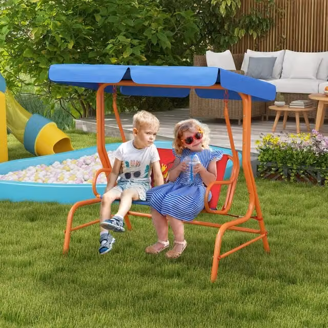 Outsunny 2-Seat Kids Swing Chair with Sun Canopy in Red