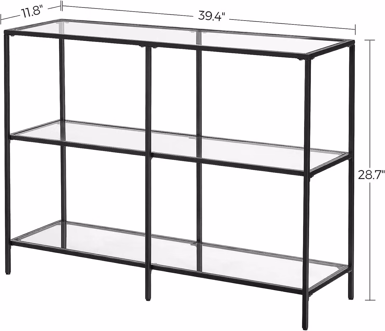 VASAGLE Modern Rectangular Console Coffee Table with 3 Transparent Glass Shelves and Black Steel Frame – 3
