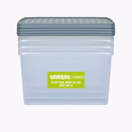Wham Set of 4 Stackable Plastic Storage Boxes with Lids, 62L, Transparent and Green