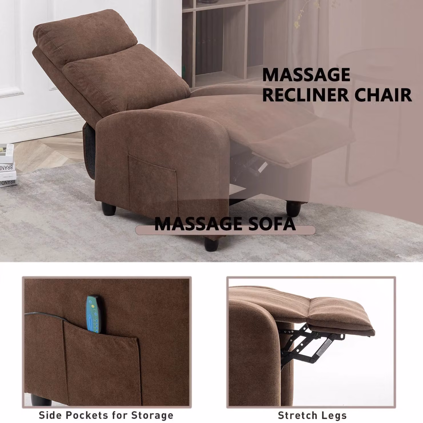FURNITURE ONE Brown Velvet Fabric Massage Recliner Chair with 8 Point Vibration and Pushback Mechanism – 4
