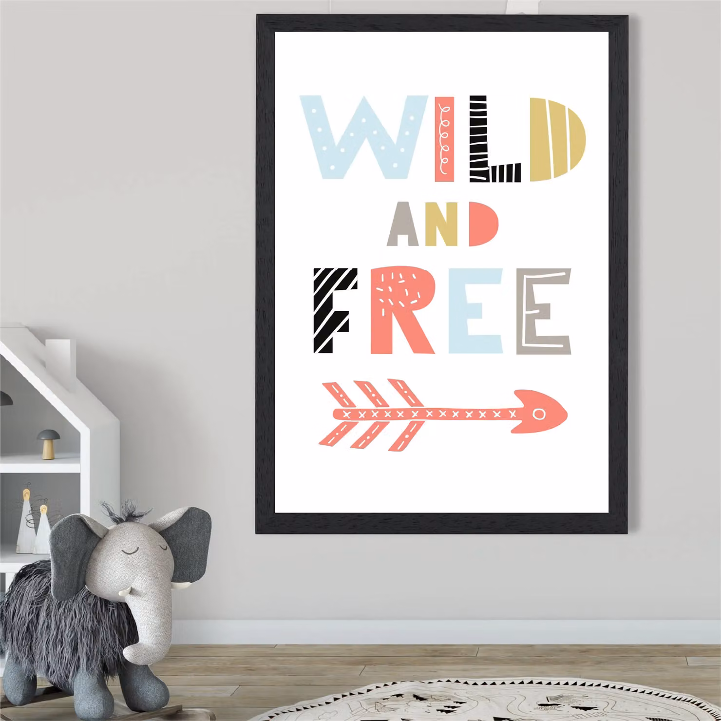 ARTZE Wild & Free Scandi Quote Framed Print, Pale Blue and Multicolour Typography Poster with Black Frame, Size: A2 – 2