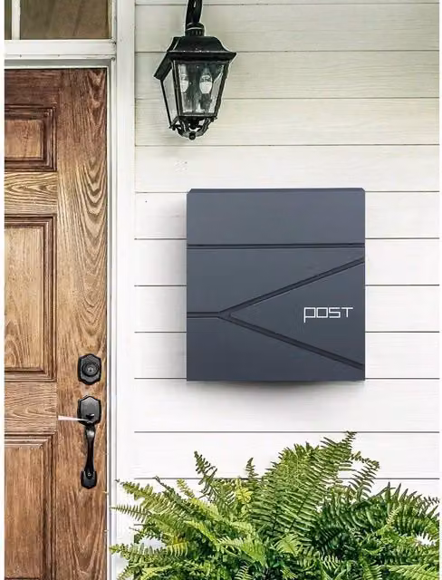 SONGMICS Wall Mounted Lockable Steel Letterbox in Grey/Anthracite, H 37.0 cm x W 37.0 cm x D 10.5 cm