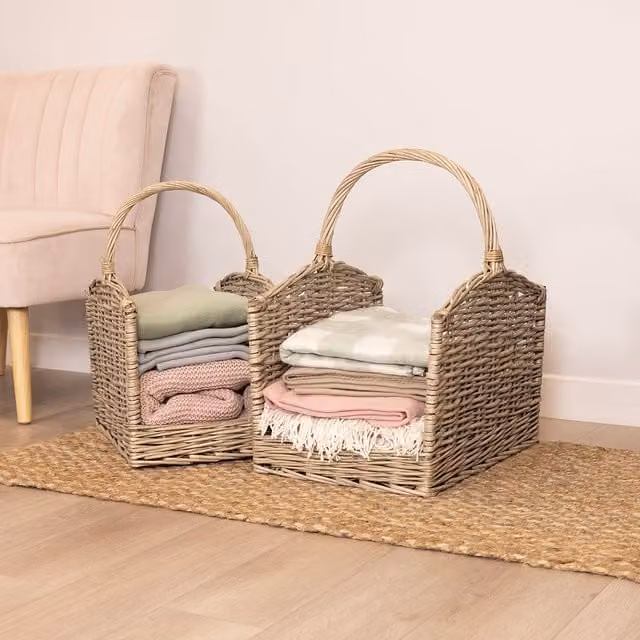 Charles Bentley Snug Set of Two Open Ended Wicker Baskets with Handles, Natural Brown Bamboo and Rattan