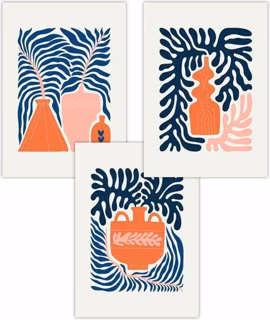 ARTZE Set of 3 Boho Botanical and Abstract Graphic Paper Posters in Pink and Blue, W: 30 cm, H: 42 cm