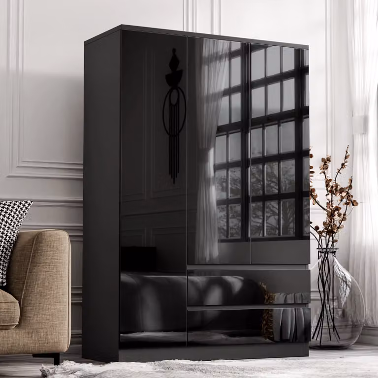 DHS Black High Gloss 3 Door Wardrobe with Internal Drawers and Shelves, H 180 x W 120 x D 50 cm