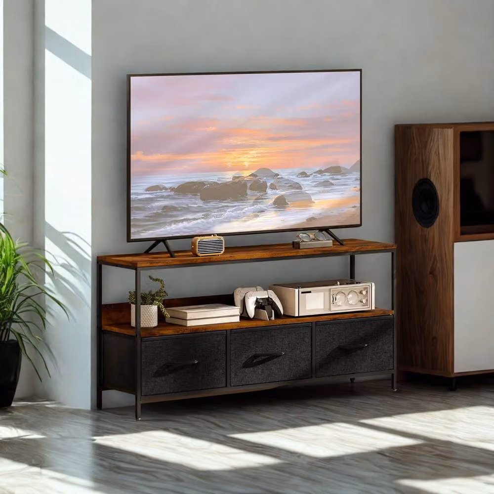 FURNOS Industrial TV Stand Unit with 3 Storage Drawers in Brown, W: 120 cm, H: 56 cm, D: 29 cm – 2