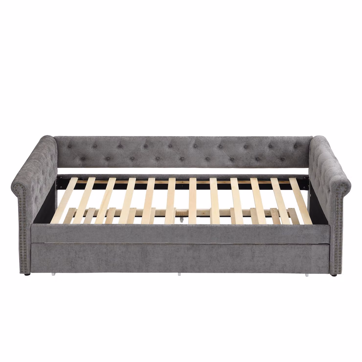 Aosom UK Grey Velvet Upholstered Single Daybed Sofa Bed with Slatted Base, L: 221 cm, W: 98.5 cm, H: 71.5 cm – 2
