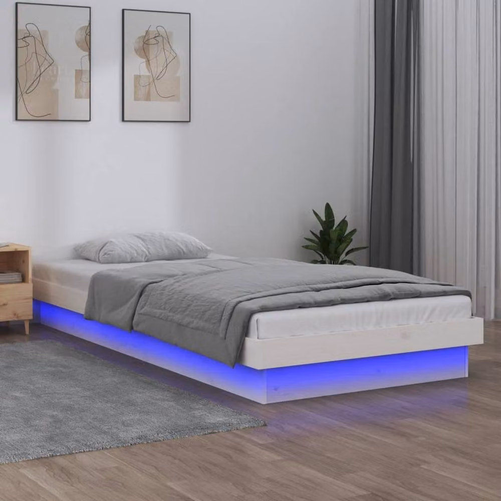 Berkfield Home Single Solid Wood LED Bed Frame in White with Under-Bed Lighting and USB Charging Port, W/D/H: 90 x 190 x 21 cm – 2