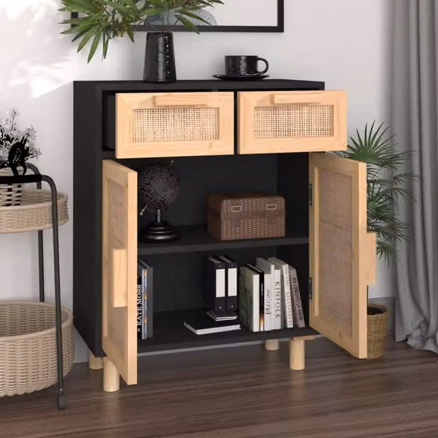 Berkfield Home Black Sideboard in Solid Pine and Natural Rattan, W/D/H: 60 x 30 x 75 cm – 1