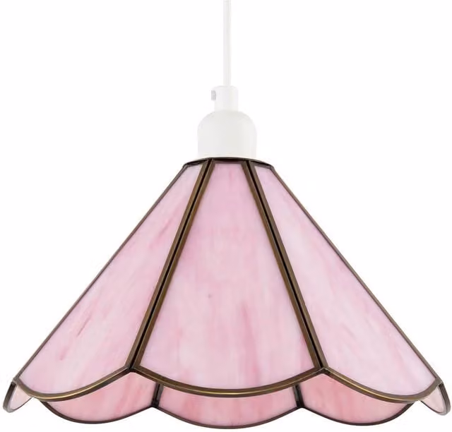 Happy Homewares Tiffany Glass Panelled Easy-Fit Pendant Shade in Pink with Antique Brass Trim, Diameter: 30.48 cm