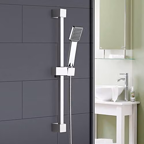 Nes Home Square Chrome Plated Slider Rail Kit with Single Mode Handset in Metallic Silver