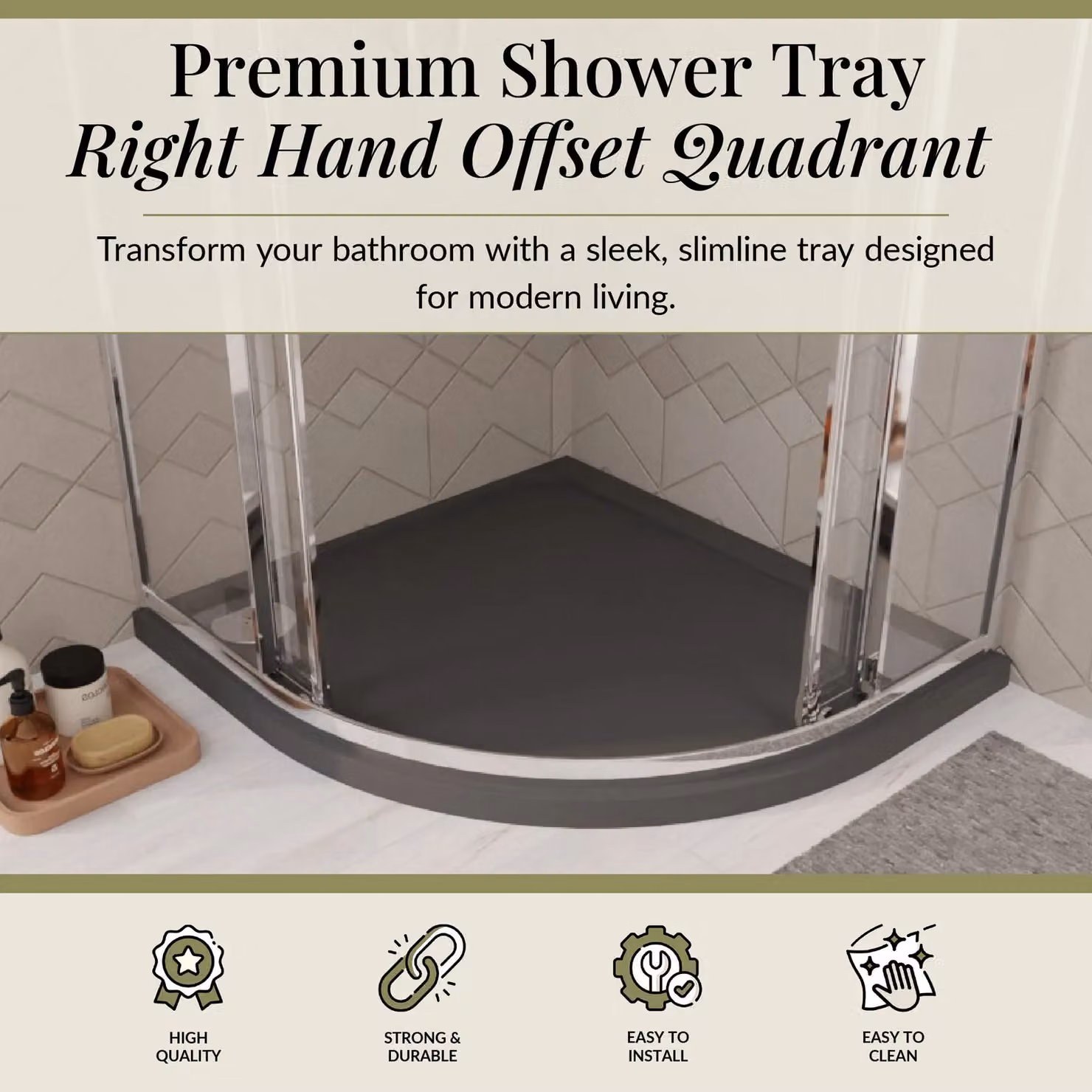 Balterley Premium Right Hand Offset Quadrant Corner Shower Tray in Grey, W/D: 90 x 80 cm – 2