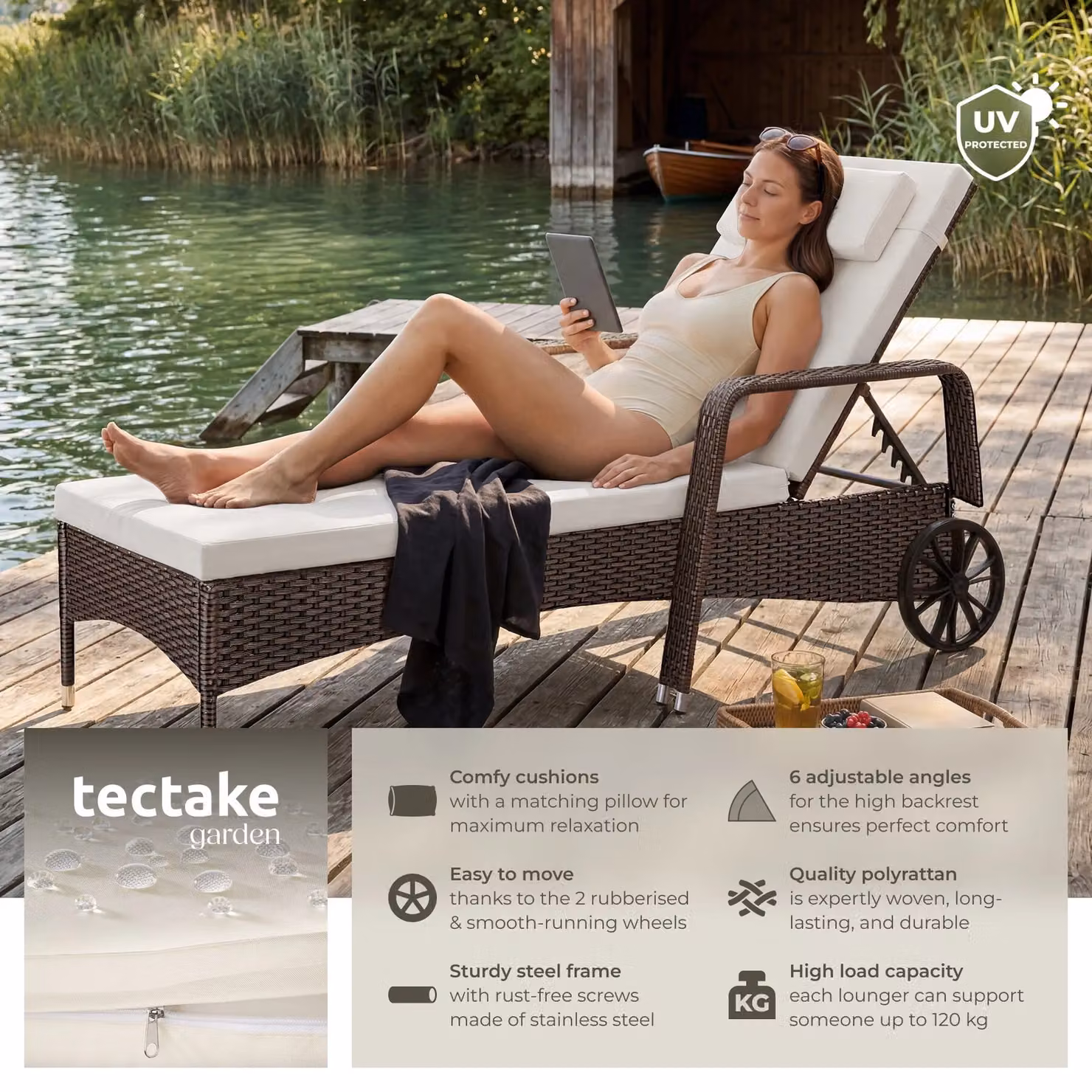 tectake Caspian 1 Seater Sun Lounger with Multicolour Weatherproof Cushions and Castors – 2