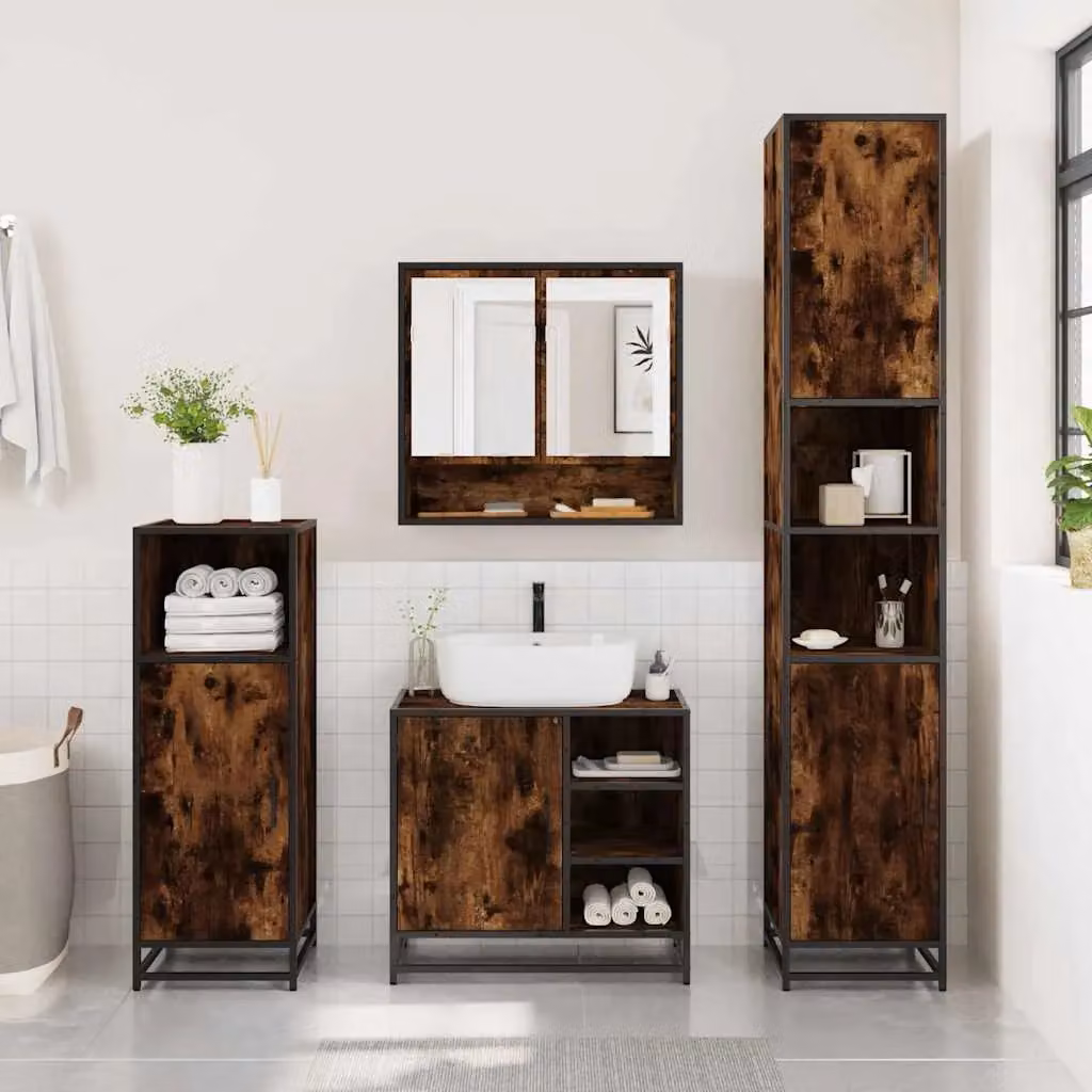 Berkfield Home 2 Piece Industrial Bathroom Furniture Set in Smoked Oak Brown, featuring a Wall-Mounted Vanity Unit and Mirror Cabinet – 4