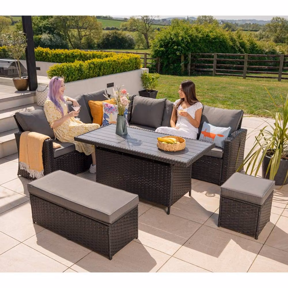 Furniture Maxi Rosen 9 Seater Rattan Garden Dining Set with Storage Bench and Stool in Black – 3