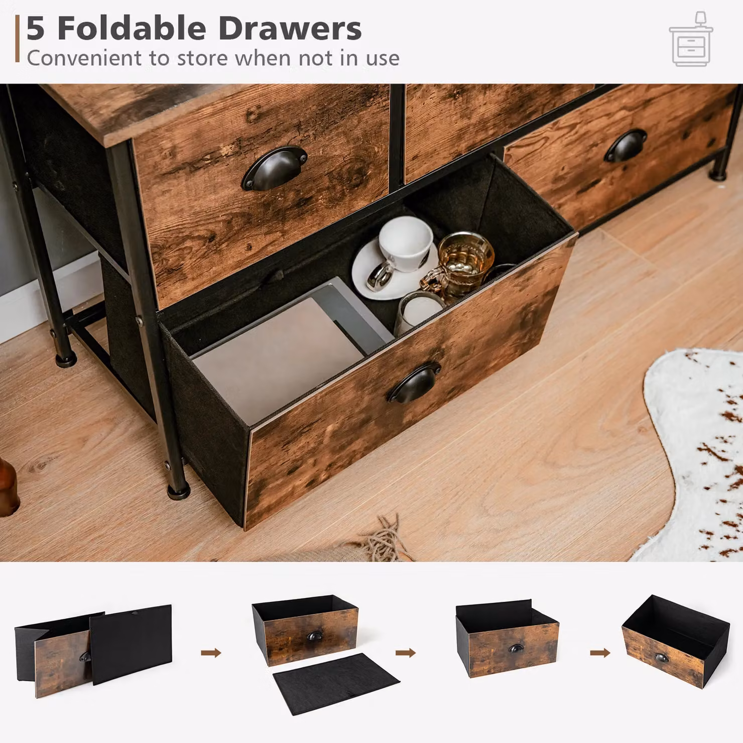 Costway 2-Tier Fabric Storage Organizer with 5 Drawers, Brown Chest of Drawers – 3