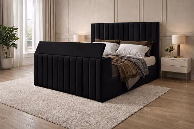 Soft Snooze Beds Double Plush Velvet TV Bed Frame with Remote TV Lift in Black
