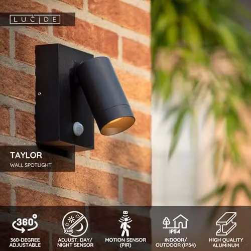 Lucide Taylor Black Aluminium Outdoor Wall Spotlight with Motion Sensor and Dimmer, IP54, GU10 – 2