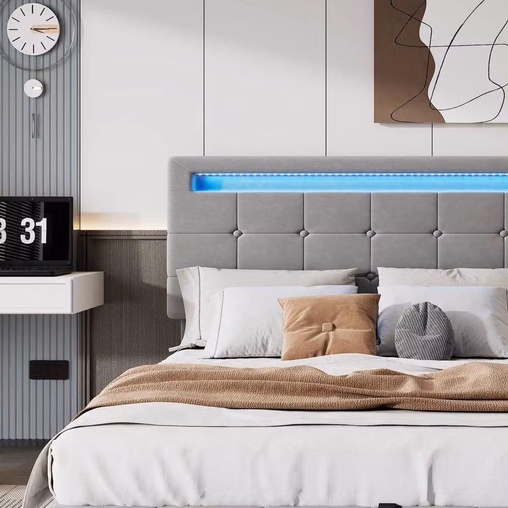 Rolipo Grey Velvet Double Bed with Hydraulic Storage and LED Under-Bed Lighting W/D/H: 135 x 190 x 123 cm – 6