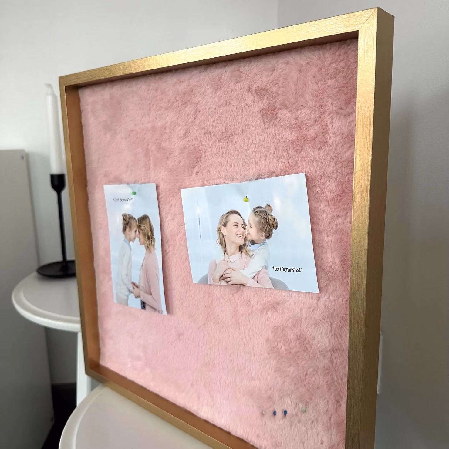 Nielsen Memo Board with Pink Fluffy Fabric Pin Board and Gold Frame – 2