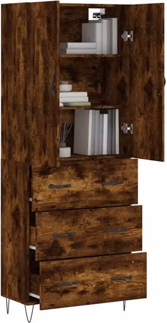 Berkfield Home Smoked Oak Highboard in Brown, W/D/H: 69.5 x 34 x 180 cm
