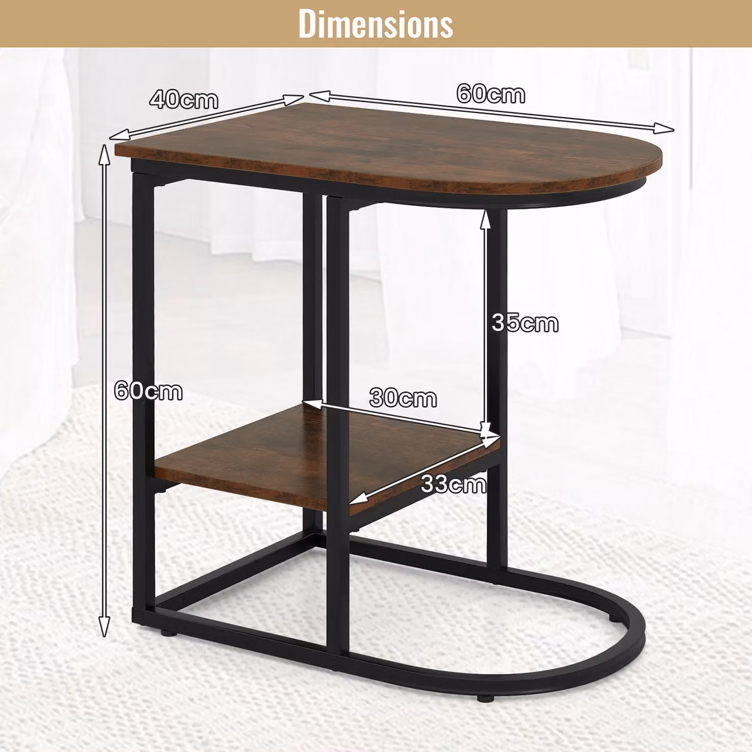 Gymax Modern C-shaped End Table with Storage Shelf in Brown – 2