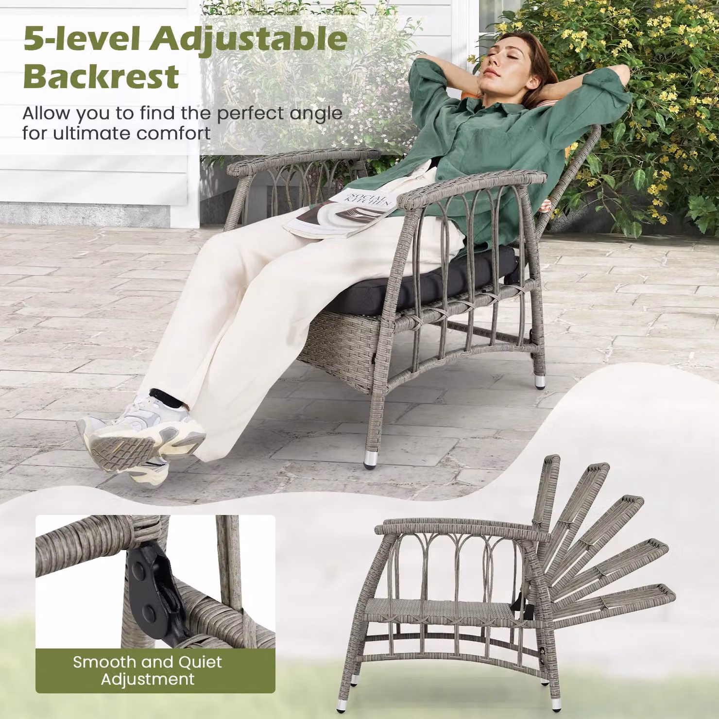 Costway 3 Piece Grey PE Wicker Patio Furniture Set with Coffee Table and Armchairs – 2