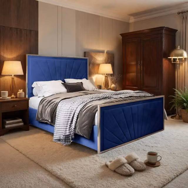 KDMD Thornhill Blue Velvet Upholstered Metal Designer Bed Frame, W/D/H: 180 x 200 cm