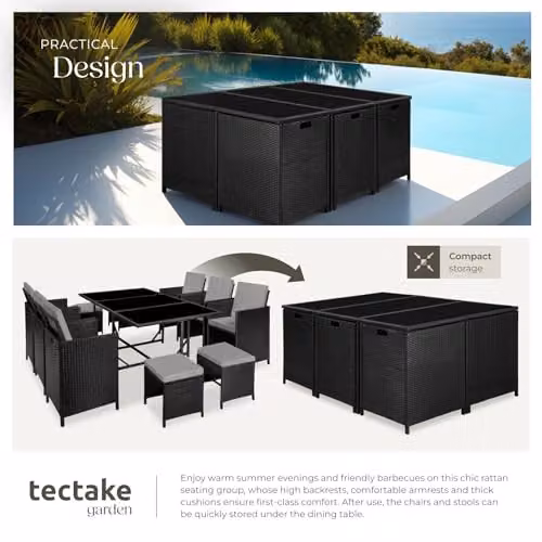 tectake Modern Rattan Garden Furniture Set with Glass Top in Black and Grey – 4