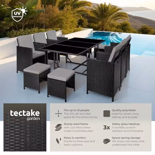 tectake Modern Rattan Garden Furniture Set with Glass Top in Black and Grey – 2