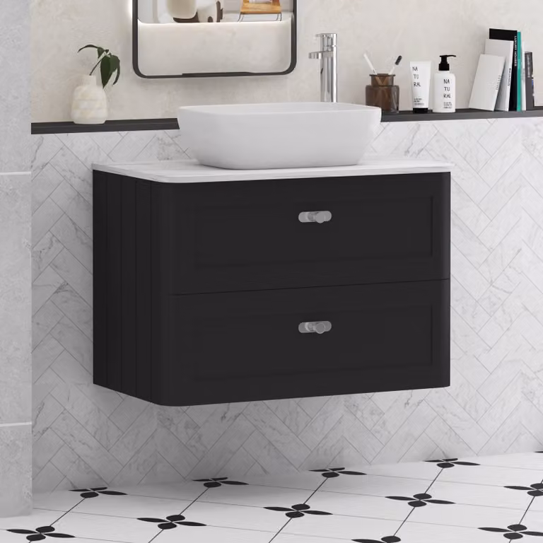Royal Bathrooms Henley 800mm Matt Nocturne Black Wall Hung 2 Drawer Vanity Unit with Elva Basin and Chrome Knob