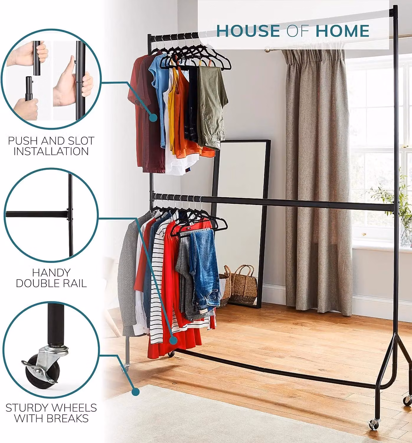 House of Home Heavy Duty Two Tier Clothes Rail Garment Hanging Rack in Matt Black – 3