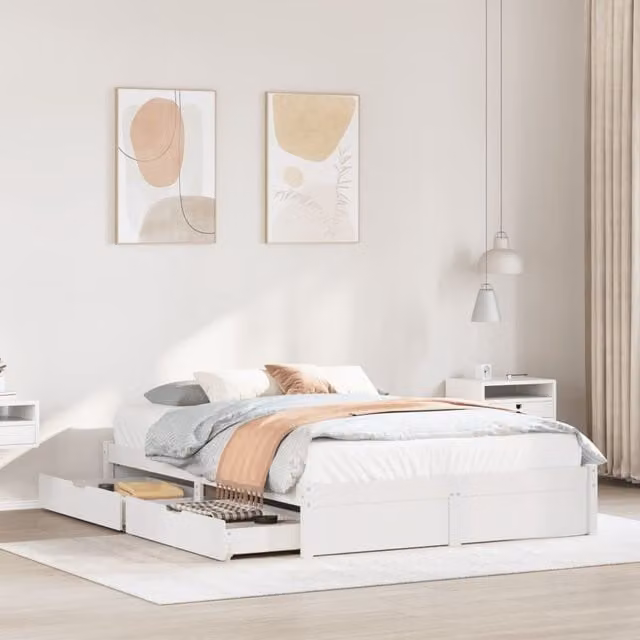 Berkfield Home White Solid Pine Bed Frame with Drawers W/D/H: 140 x 200 cm