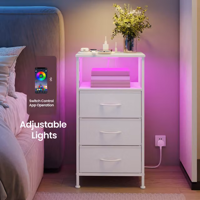 SONGMICS Modern White Bedside Table with 3 Drawers, 1 Shelf and Integrated Lighting