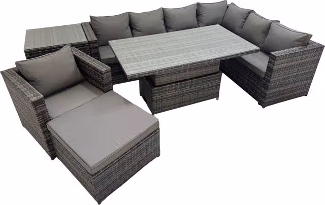 Fimous 8 Seater Rattan Corner Sofa Set with Chair, Stools and Side Table in Dark Grey