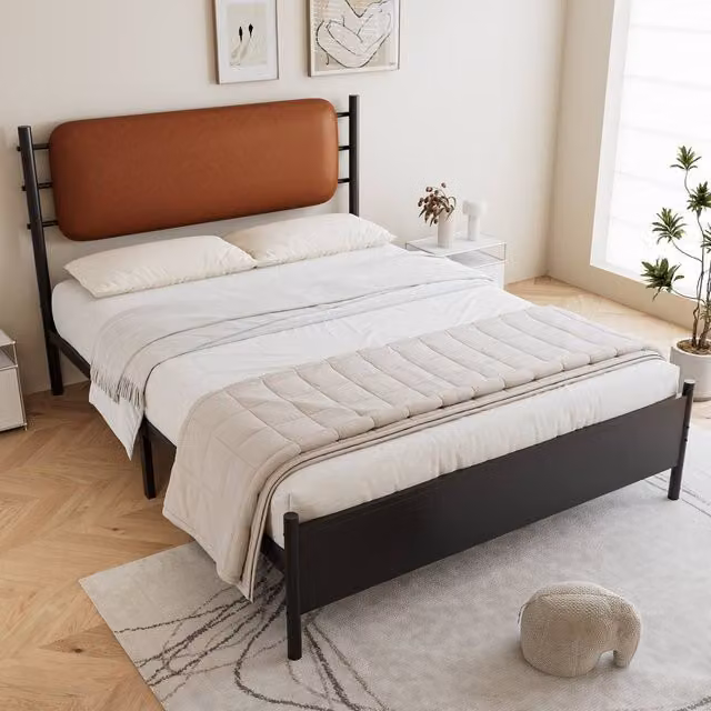 Matteo Black Metal Double Bed with PU Upholstered Headboard W/D/H: 140 x 200 x 102.5 cm