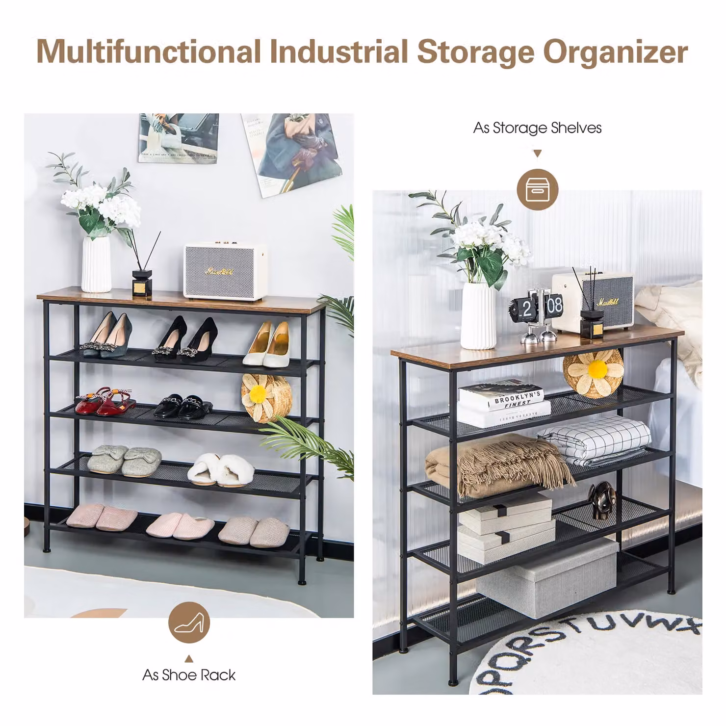 Costway 5-Tier Industrial Shoe Rack with Wooden Top and Black Mesh Shelves in Light Brown – 3