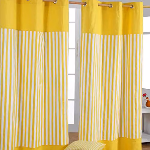 HOMESCAPES Yellow Striped Eyelet Curtain Pair, 100% Cotton, W/D/H: 117 x 117 x 137 cm