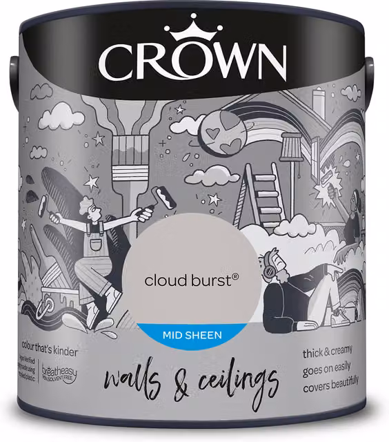 Crown Cloud Burst Mid Sheen Emulsion Walls and Ceilings Paint, Grey, 2.5l