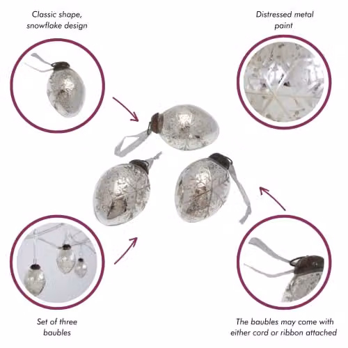 Paper High Set of 3 Antique Effect Silver Snowflake Glass Christmas Baubles – 4